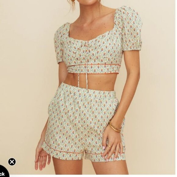 Revolve Kourt Fefe Floral 100% Cotton Set Crop Top and Shorts w Pockets Size S - Picture 1 of 14